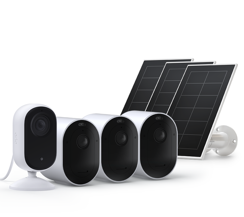 Arlo Pro 5 - 3 Cam Kit + Essential Indoor + Solar Panels, in white, facing right